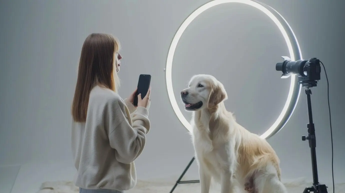 Инфлюенсер и его/ее питомец создают контент для онлайн‑пространств и социальных сетей.