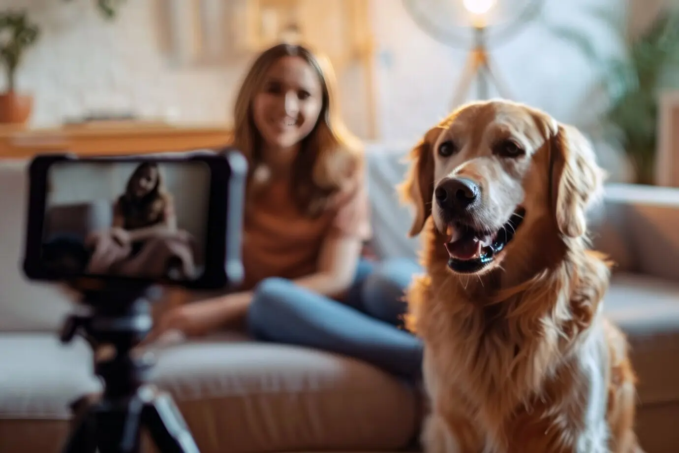 Человек создаёт онлайн-контент вместе со своими питомцами.